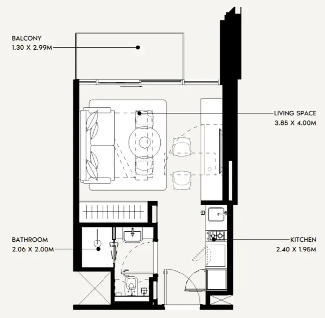 Jaddaf Beach Oasis Studio floor plan, 319 sqft