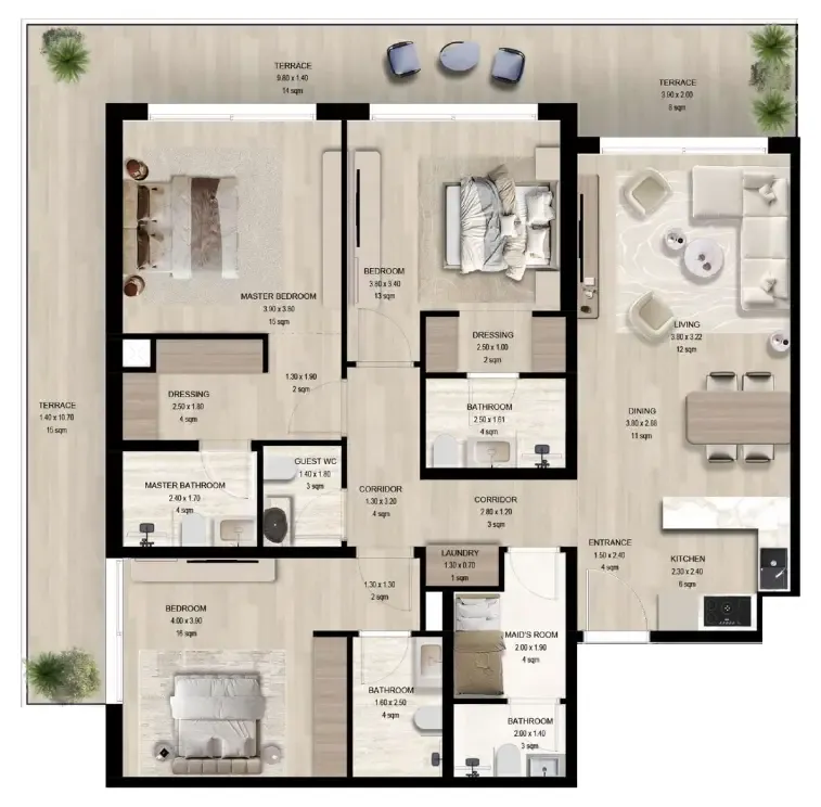 Manchester City Yas Residences by Ohana – Phase 1 3 bed floor plan, 1,944 sqft
