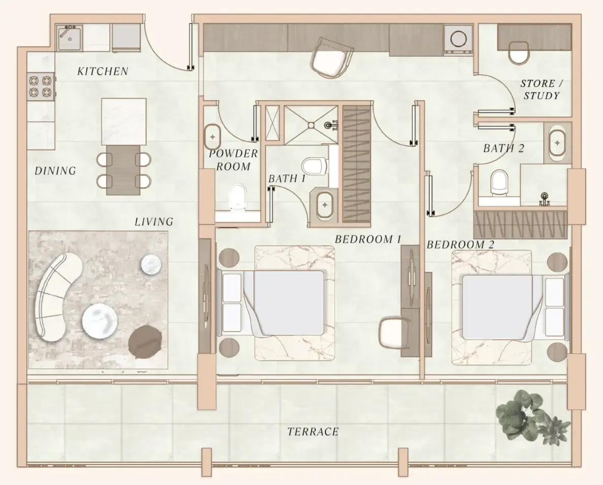 La Cle by MAAIA 2 bed floor plan, 1,215 sqft