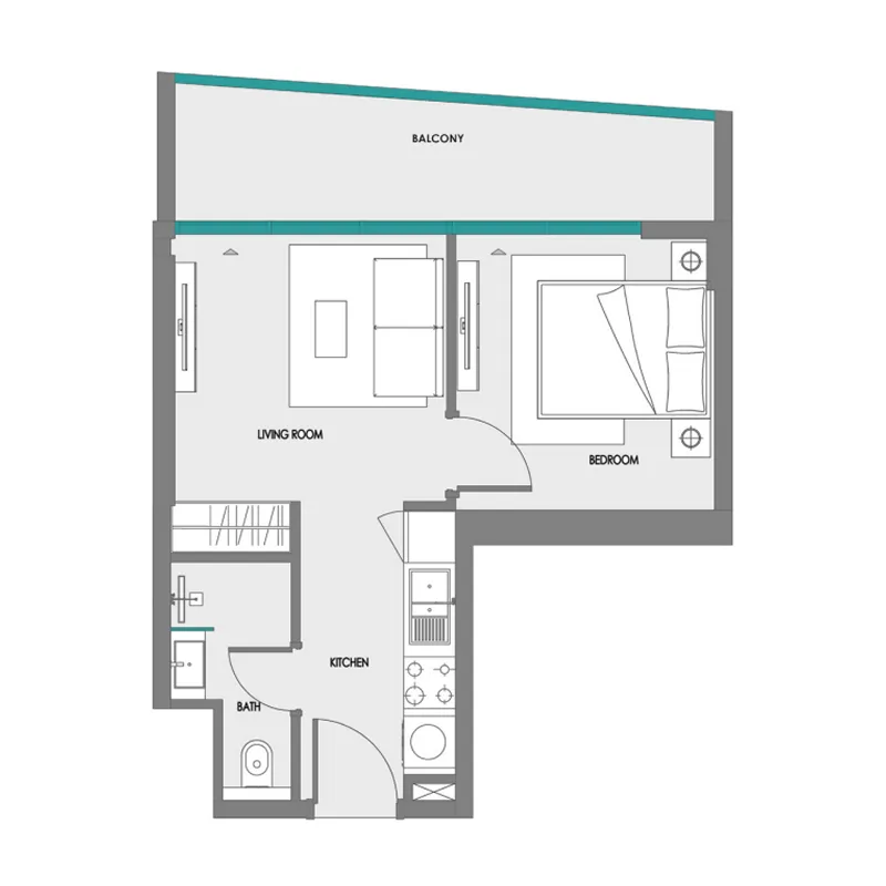 Green Field 1 bed floor plan, 443 – 463 sqft