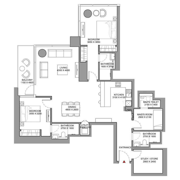 Skyscape 2 bed floor plan, 1,550 – 1,552 sqft