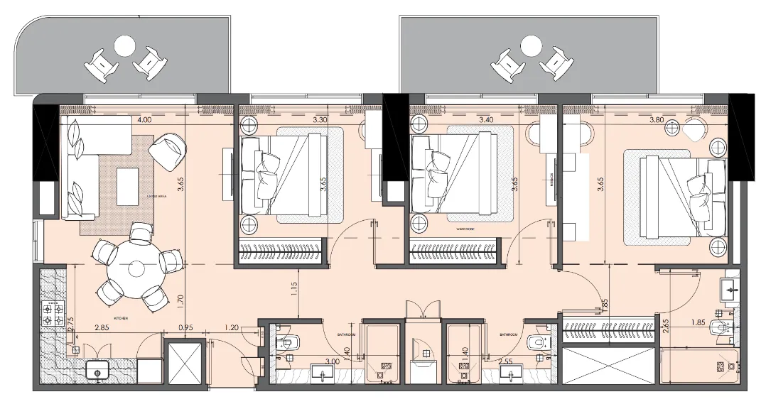 Azizi Wasel 3 bed floor plan, 1,329 sqft