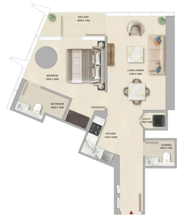 The Pinnacle at Sobha Central 1 bed floor plan, 682 – 689 sqft