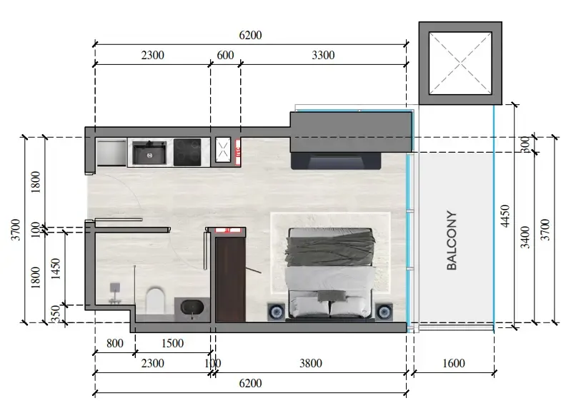 Auresta Tower Studio floor plan, 333 – 343 sqft