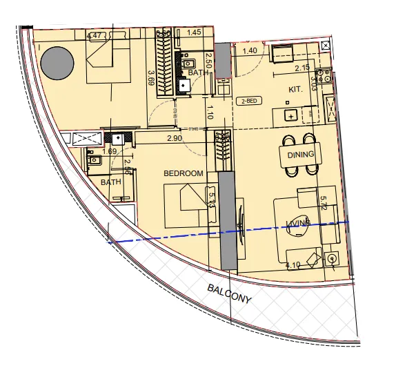Binghatti Aquarise 2 bed floor plan, 1,276 sqft