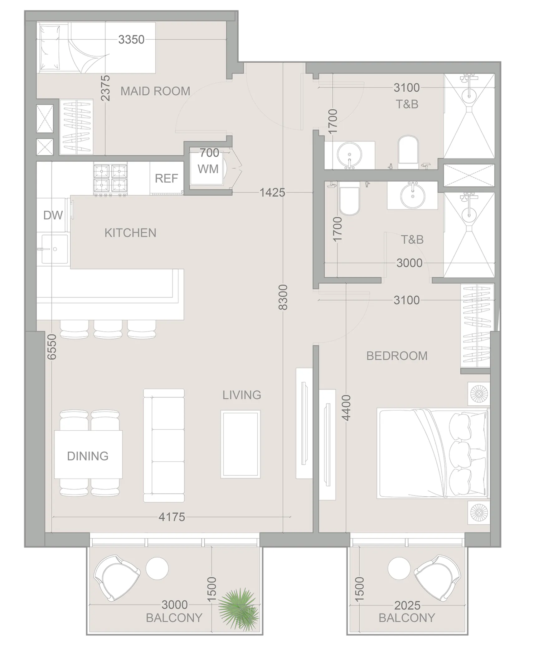 1WOOD Residence 2 1 bed floor plan, 860 sqft