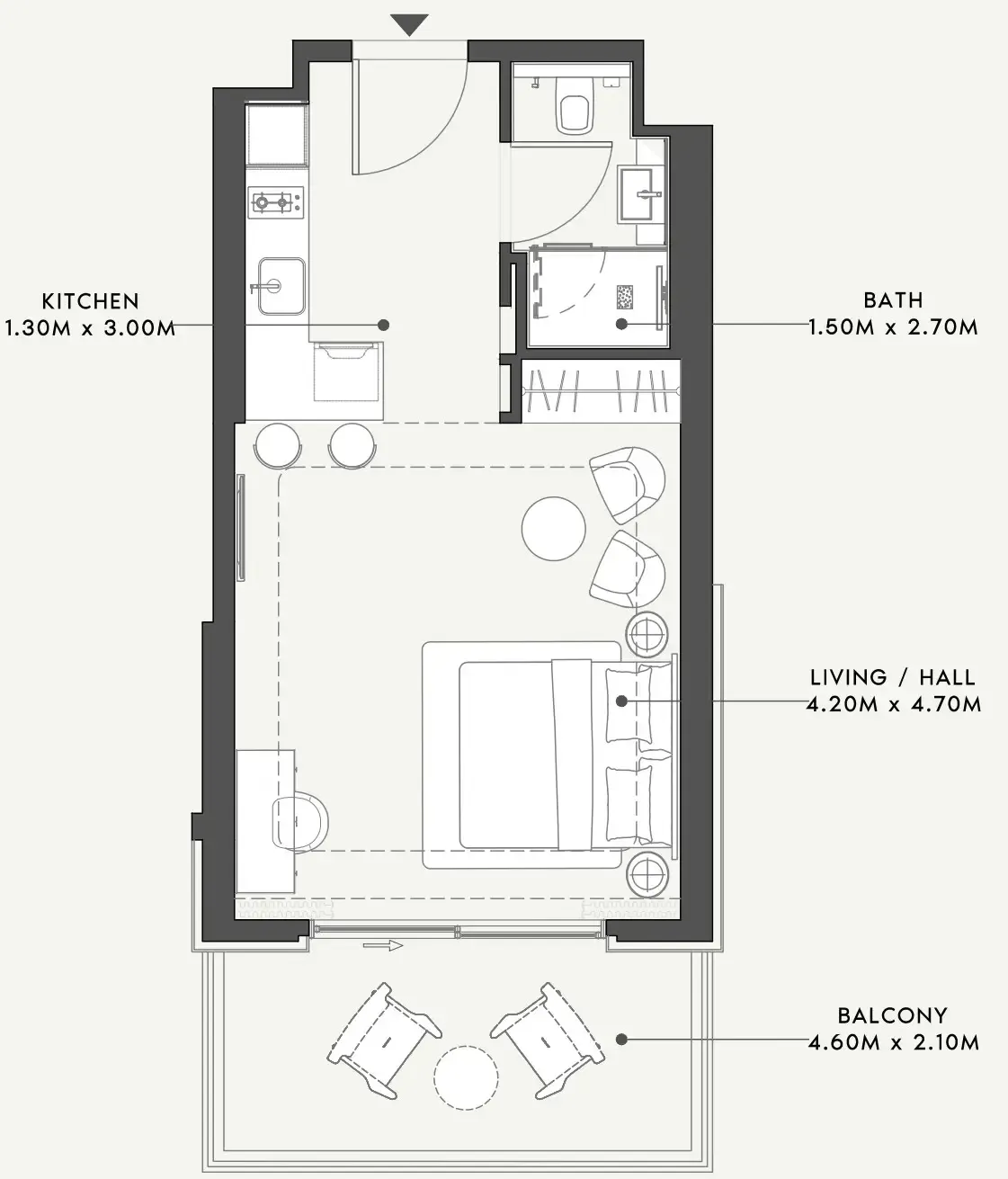 Riviera 58 Studio floor plan, 498 sqft