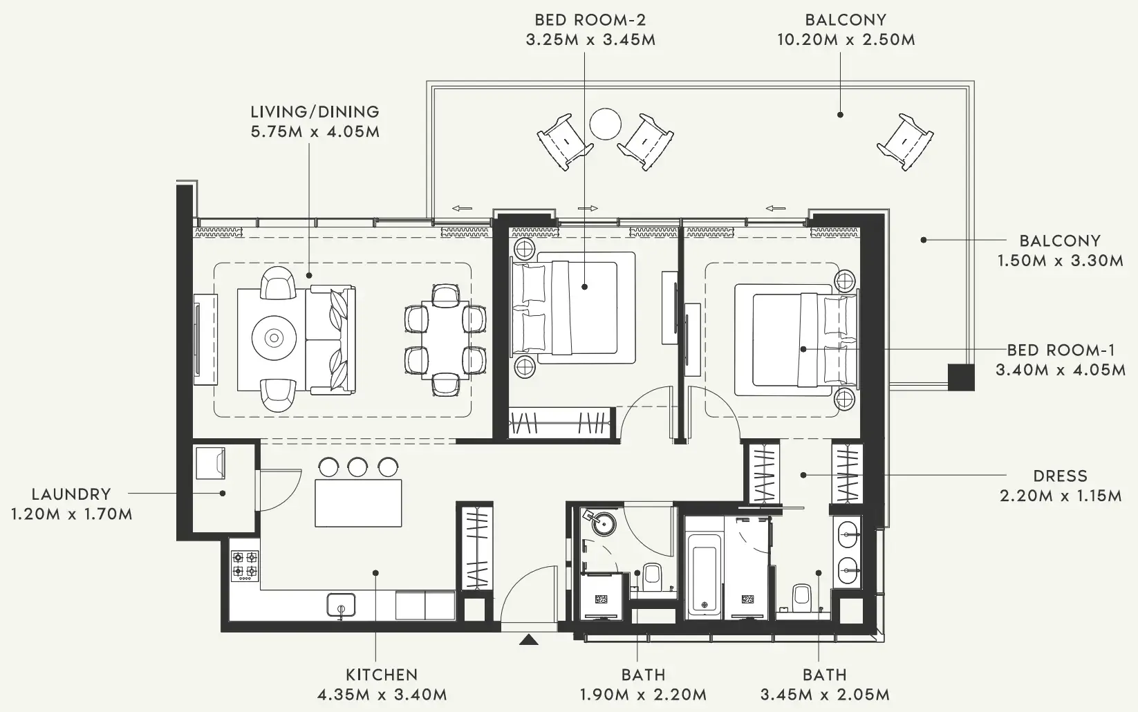 Riviera 58 2 bed floor plan, 1,425 sqft