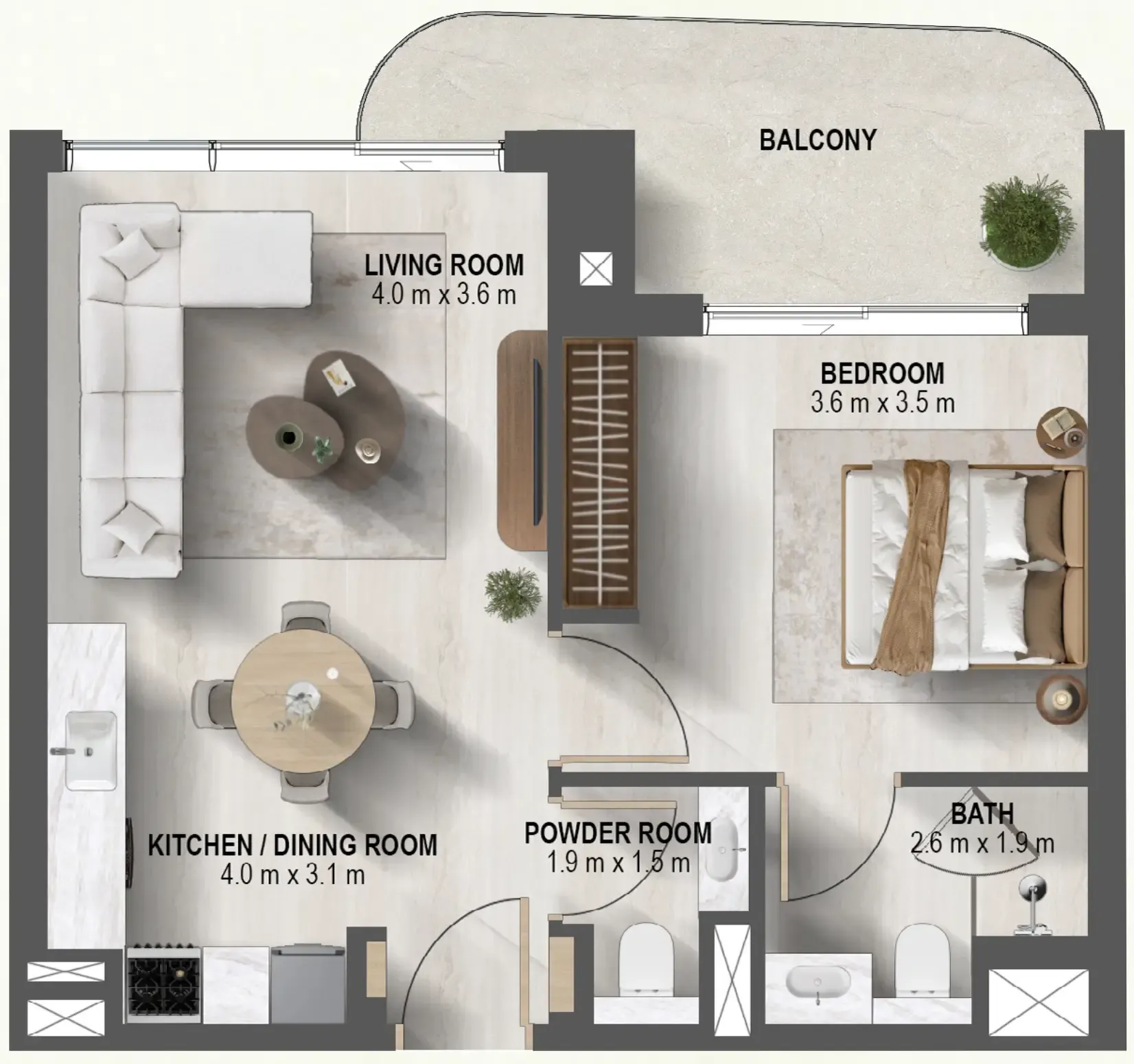 Sanctuary 1 bed floor plan, 697 sqft
