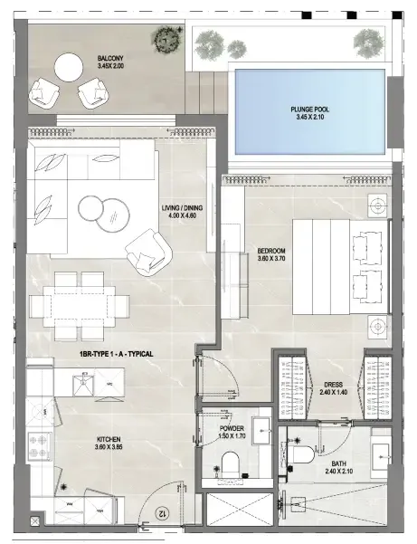 Gharbi 1 Residences 1 bed floor plan, 1,147 sqft