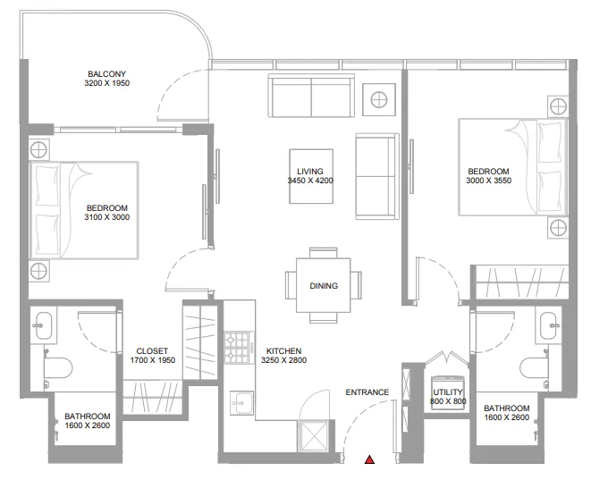 Yachtside Marina Residences 2 bed floor plan, 809 sqft