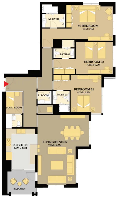 Riva Residence 3 bed floor plan, 2,011 – 2,104 sqft