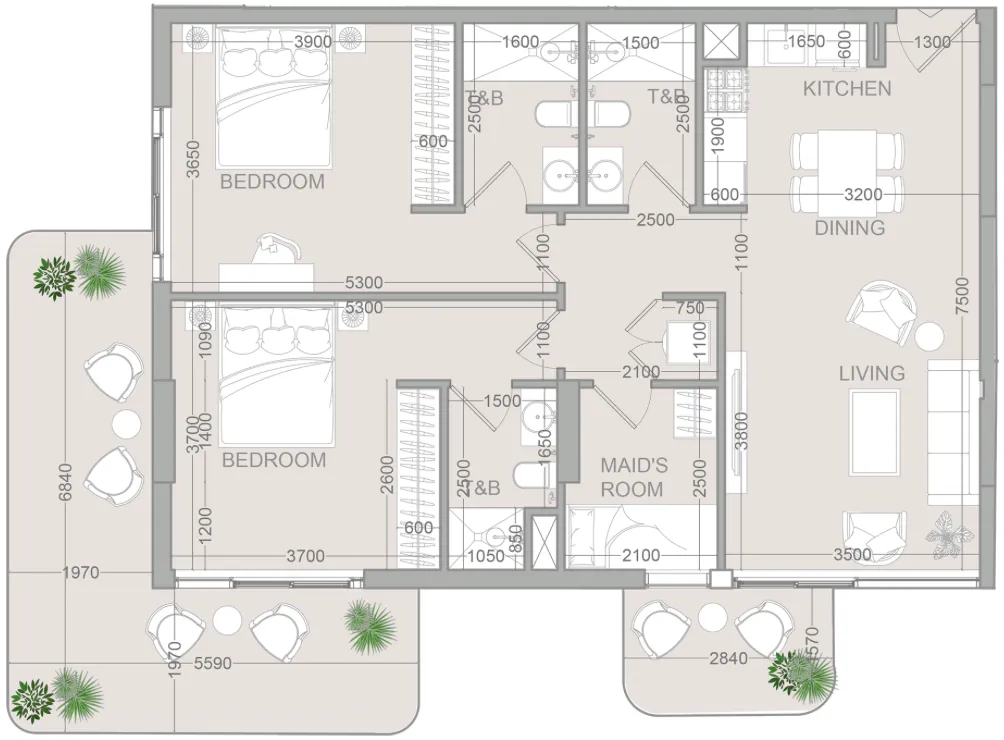 TETR1S Tower 2 bed floor plan, 1,227 sqft
