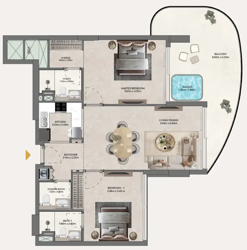 Hermina by Casagrand 2 bed floor plan, 1,251 sqft
