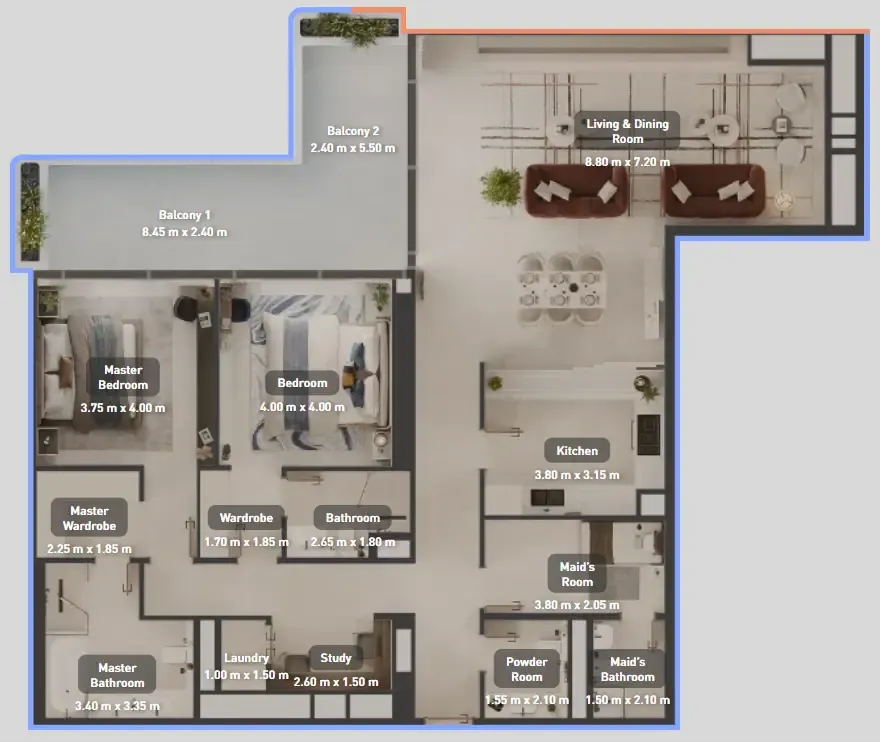 Luluat Marina at Luluat Al Raha 2 bed floor plan, 2,047 sqft