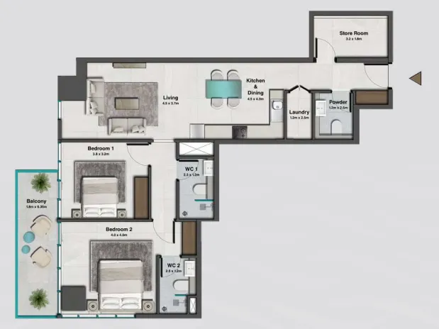 Sky Hills Residence 2 2 bed floor plan, 1,189 sqft