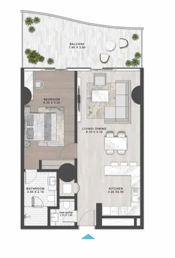 Damac Casa 1 bed floor plan, 1,061 sqft