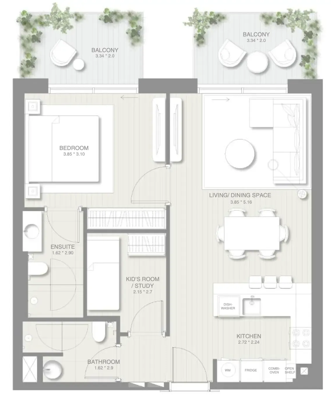 Sol Levante 1 bed floor plan, 842 sqft