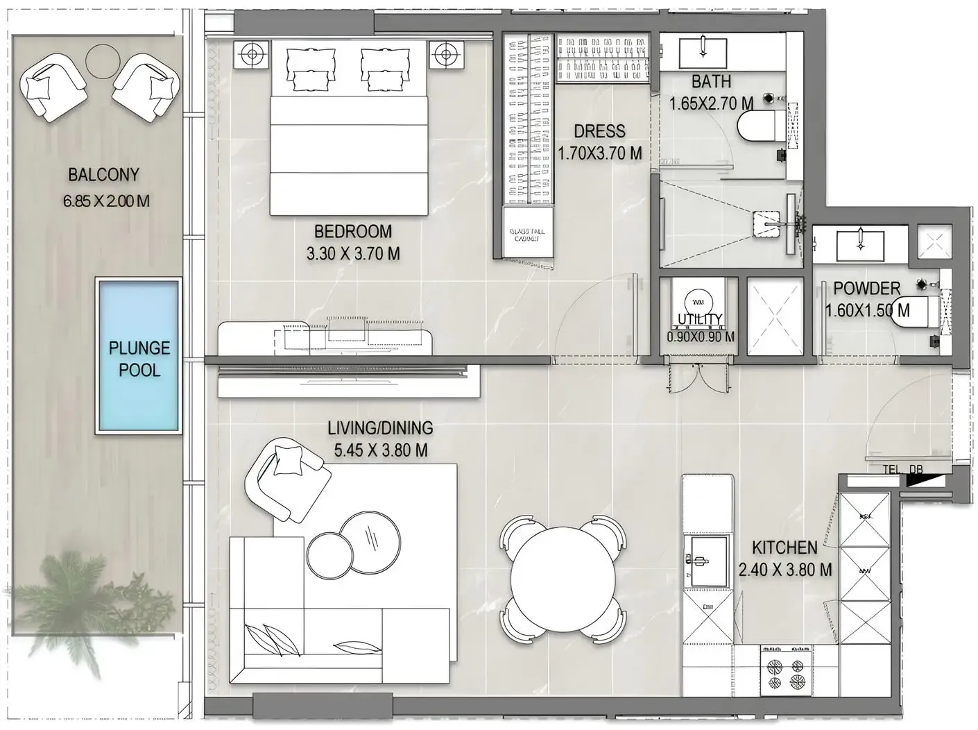 Allegro Park 1 bed floor plan, 820 sqft