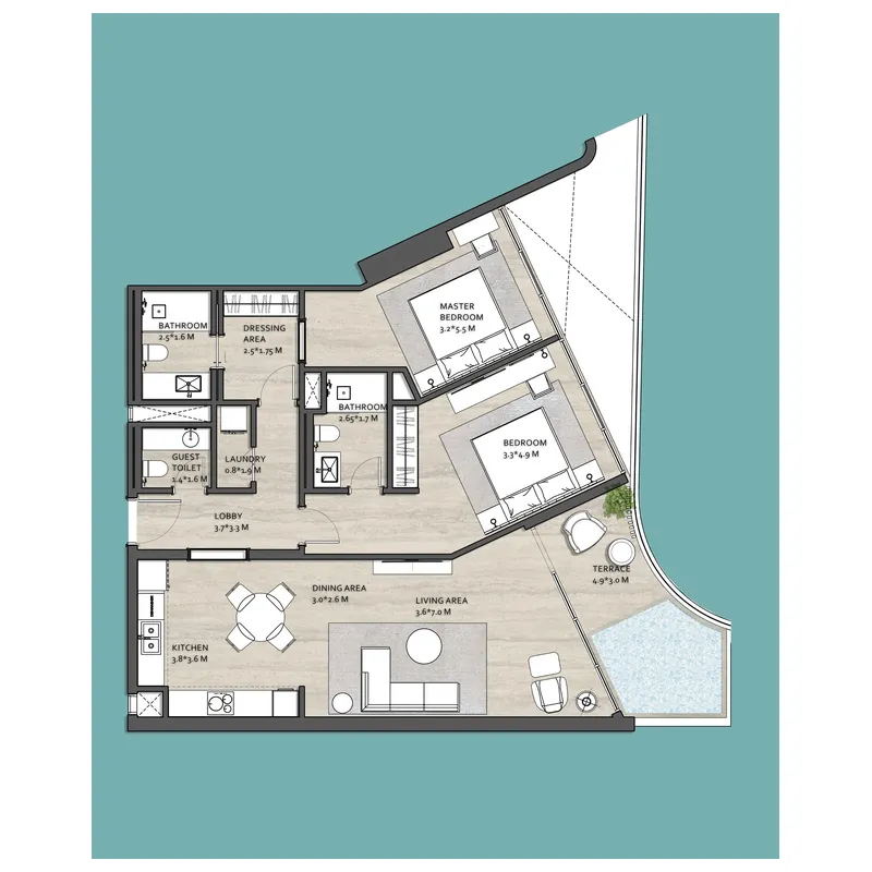Vistal by Victoria Swarovski 2 bed floor plan, 1,295 sqft