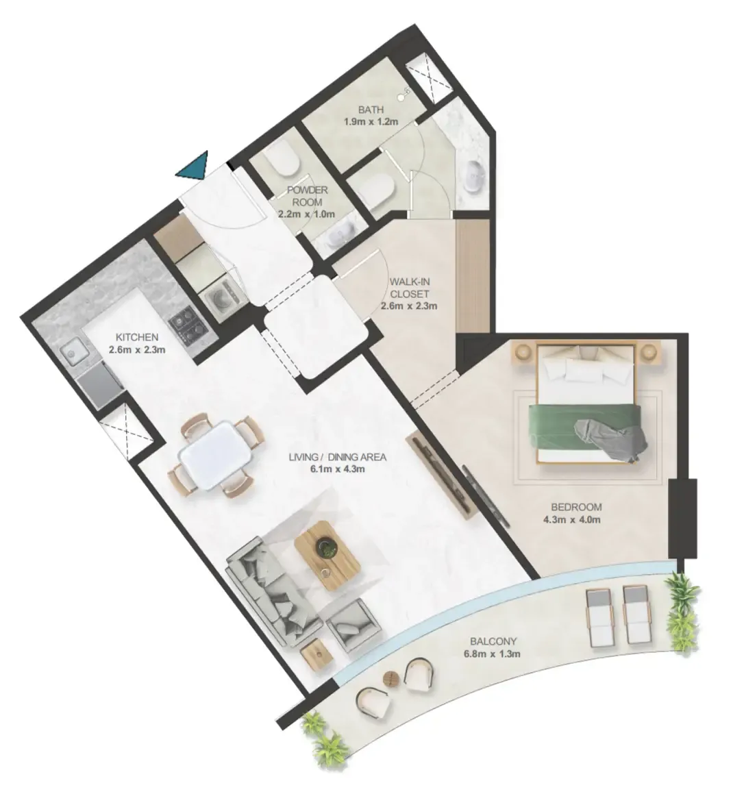 Oystra 1 bed floor plan, 843 sqft