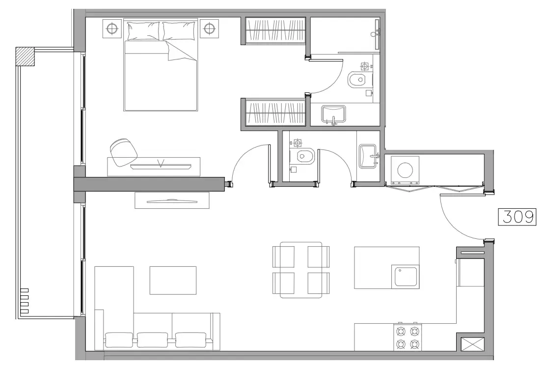 Trevino 1 bed floor plan, 707 sqft