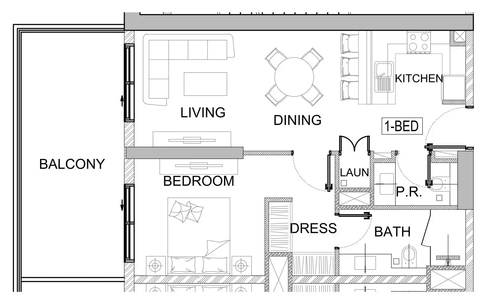 Valencia 1 bed floor plan, 791 – 829 sqft