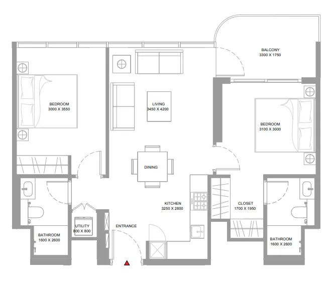 Bayside Marina Residences 2 bed floor plan, 810 sqft