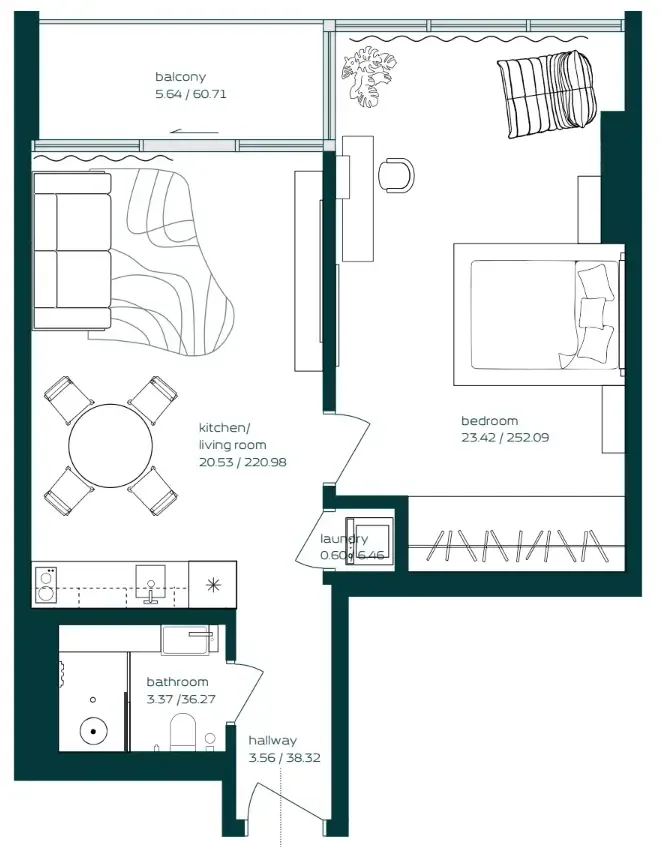 Vibe 1 bed floor plan, 690 sqft