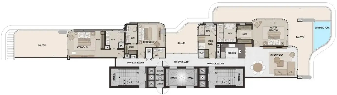 Vitalia Palm Jumeirah Residences 3 bed floor plan, 2,649 – 2,720 sqft