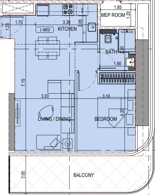 Binghatti Sky Terraces 1 bed floor plan, 738 sqft