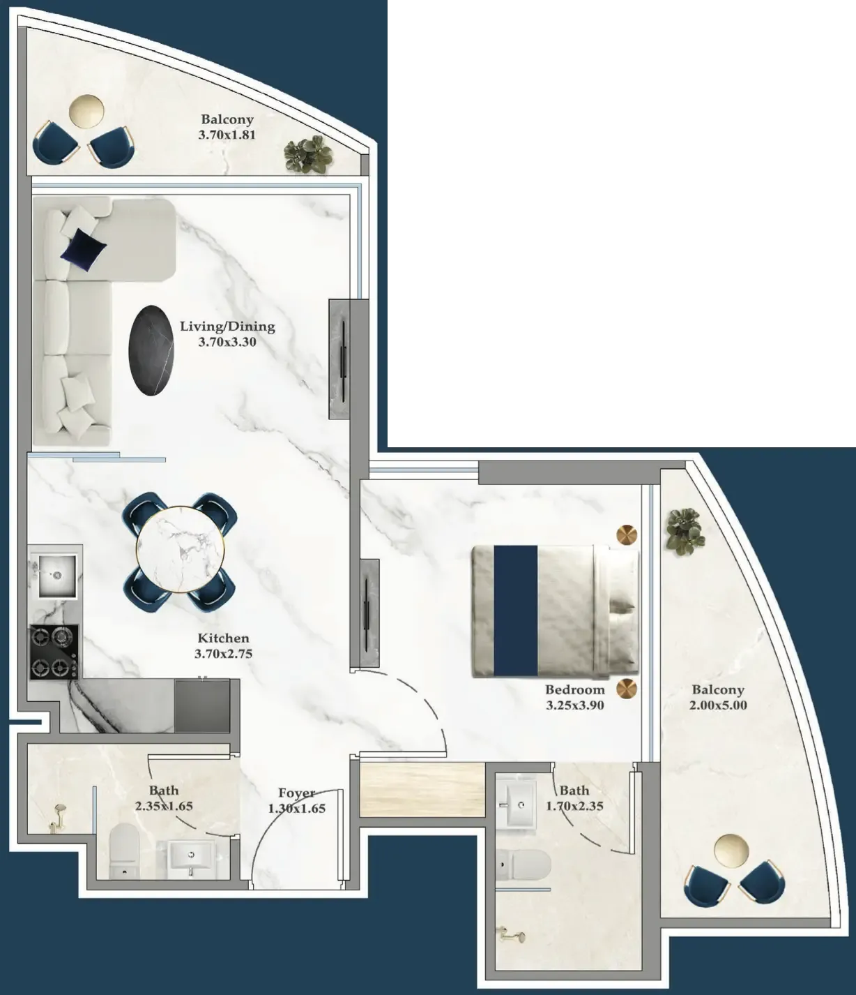 Serenz 1 bed floor plan, 588 – 596 sqft