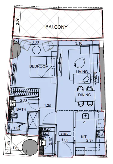 Binghatti Aquarise 1 bed floor plan, 813 sqft