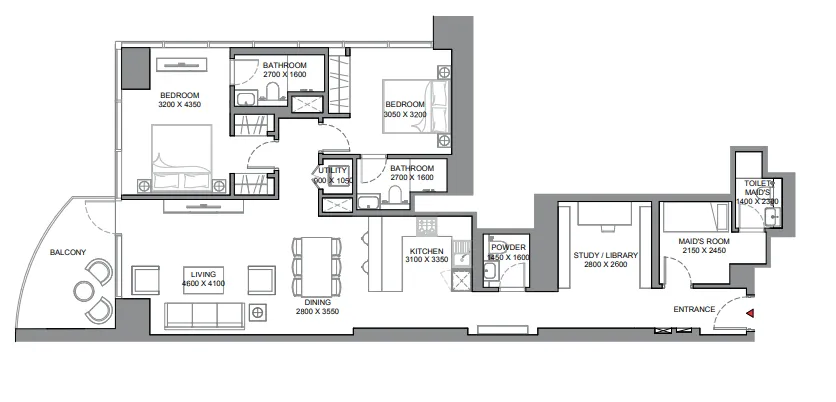 Skyscape 2 bed floor plan, 1,512 sqft