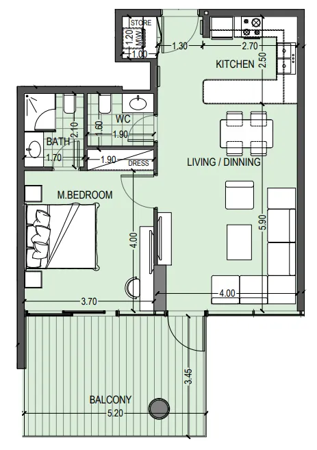 Celia Gardens 1 bed floor plan, 863 sqft