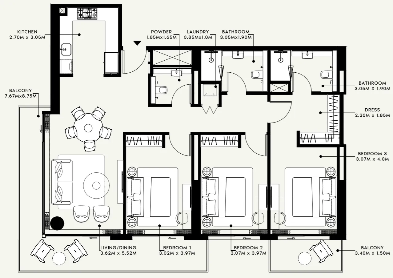 Azizi Venice 3 bed floor plan, 1,580 sqft