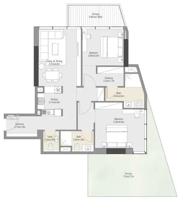 Zenith Residences 2 bed floor plan, 1,335 – 1,535 sqft