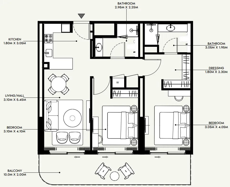 Azizi Venice 2 bed floor plan, 1,147 sqft
