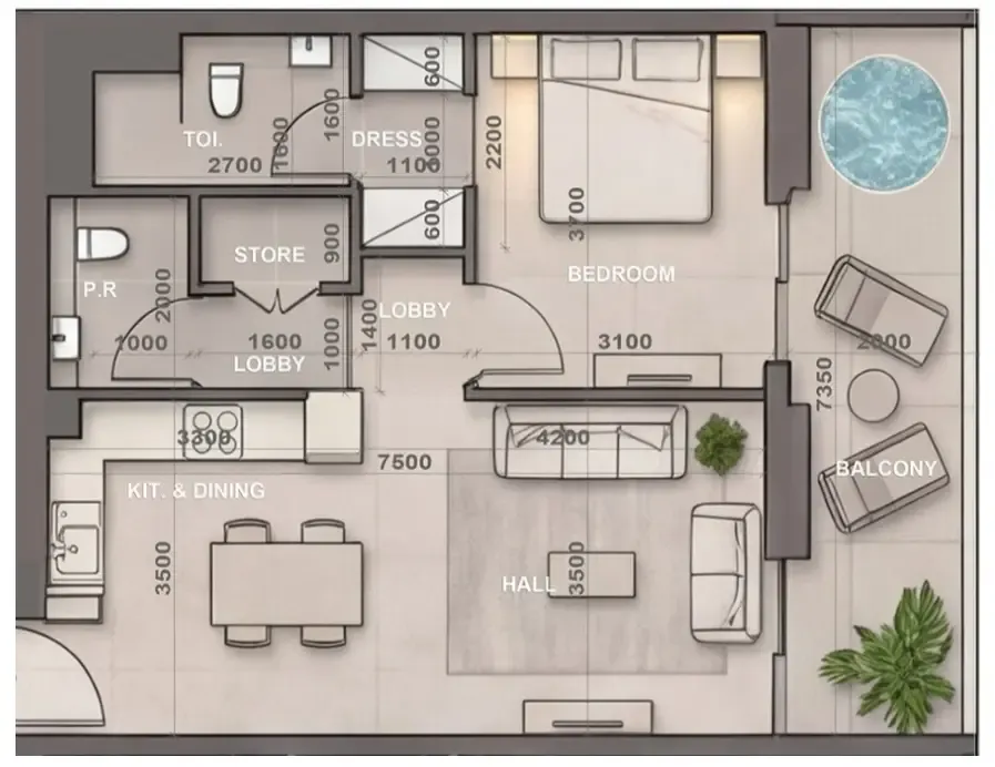 Sky Harmony 1 bed floor plan, 798 sqft