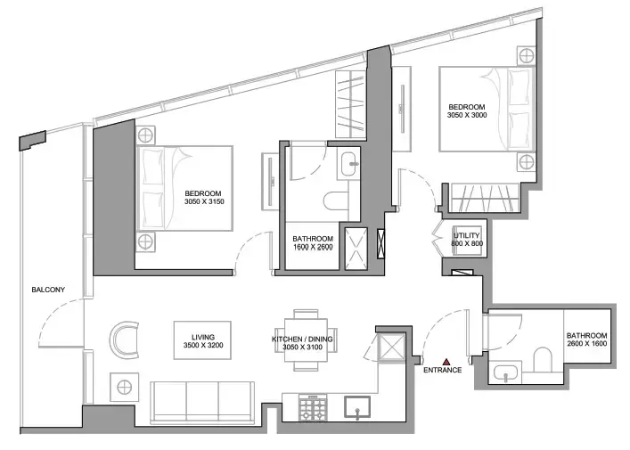 The Serene at Sobha Central 2 bed floor plan, 872 sqft