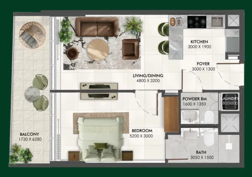 Enchante 1 bed floor plan, 670 sqft