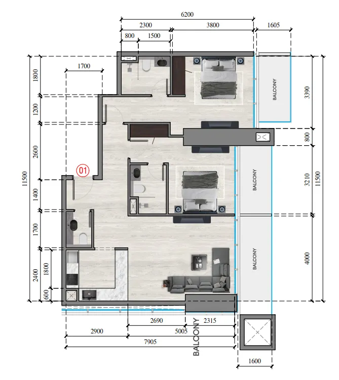 Auresta Tower 2 bed floor plan, 1,139 sqft