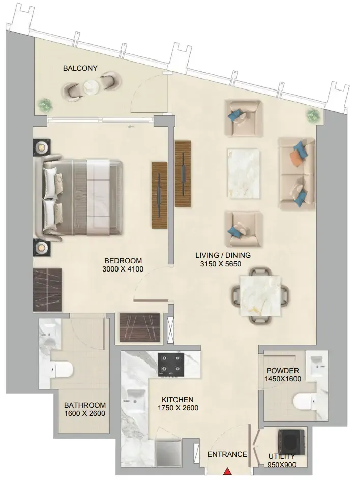 The Mirage at Sobha Central 1 bed floor plan, 656 sqft