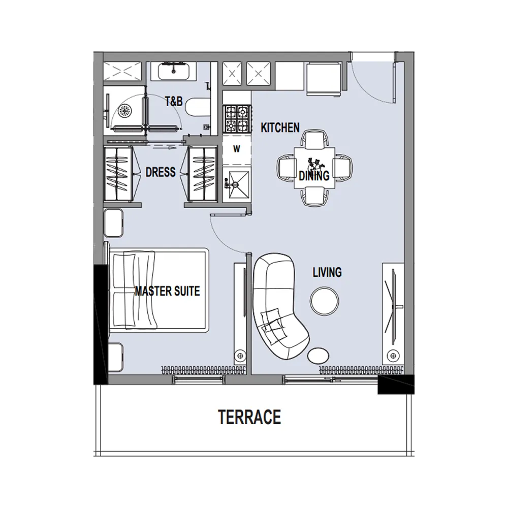 Verso 1 bed floor plan, 571 sqft