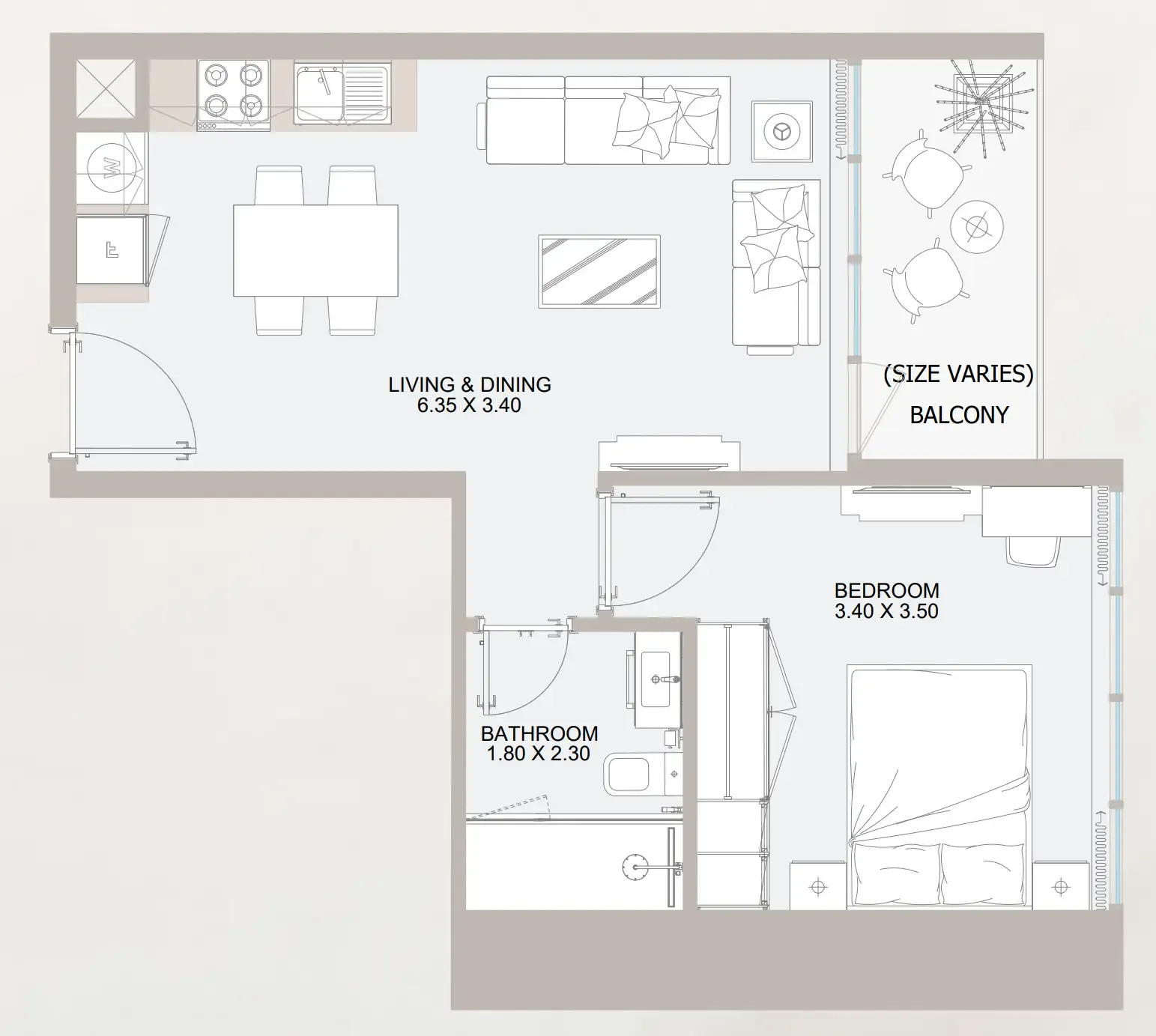 Vista 3 1 bed floor plan, 535 sqft