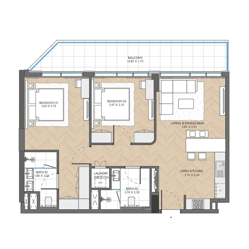 The Collective 2 bed floor plan, 1,092 sqft