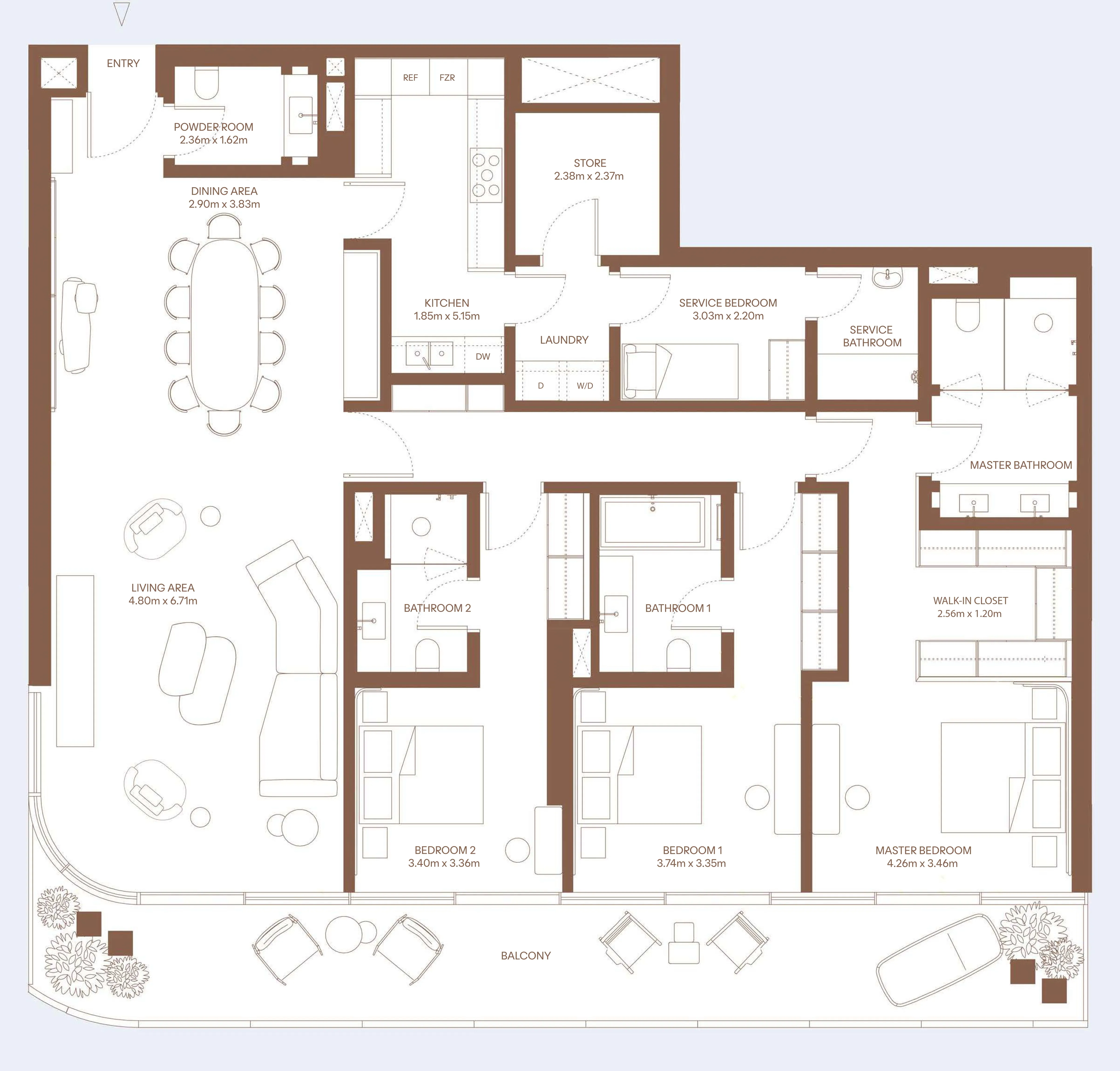 Dubai Harbour Residence 3 bed floor plan, 2,740 sqft