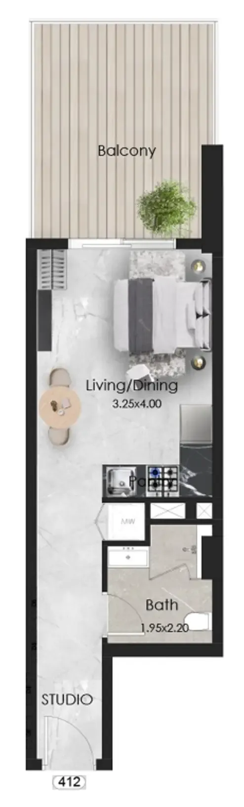 Aristo Studio floor plan, 455 sqft