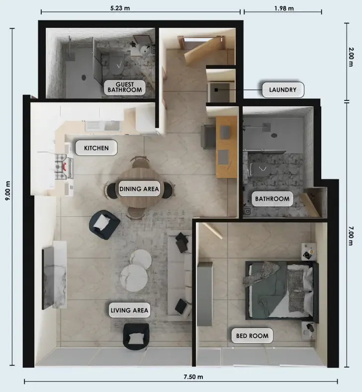 Zenith J1 1 bed floor plan, 677 sqft