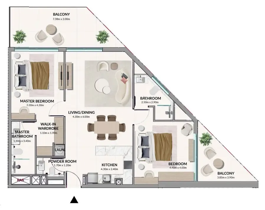 Woodland Terraces 2 bed floor plan, 1,212 sqft